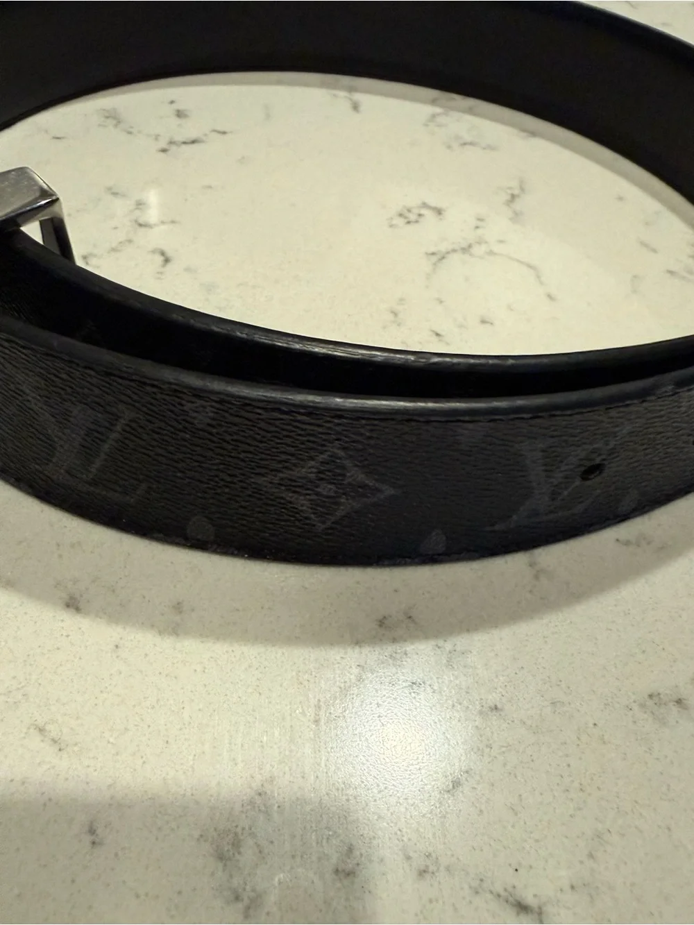 Louis Vuitton Black Leather Textured Belt with Subtle Monogram